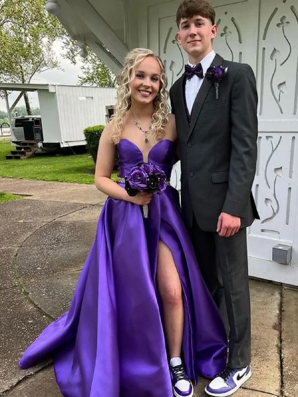 mini party dressesV Neck Purple Satin Long Prom Dresses with Belt, V Neck Purple Formal Dresses, Purple Evening Dresses SP2711