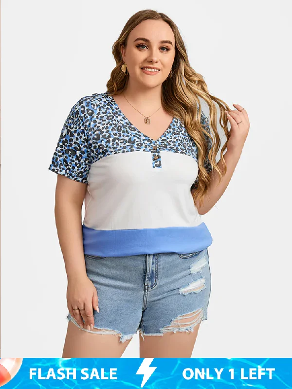 women's T-shirts with curvy cutsPlus Leopard Patchwork V-Neck Button Front Tee