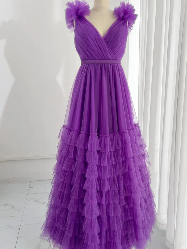 empire waist party dressesA Line V Neck Purple Tulle Long Prom Dresses, V Neck Purple Formal Dresses, Long Purple Evening Dresses SP2855