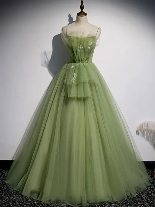 A-line party dressesElegant Green Tulle Long Prom Dresses, Green Formal Evening Dresses, Floral Ball Gown SP2799