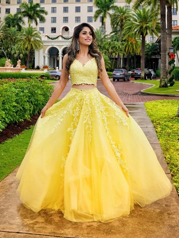 holiday party dressesV Neck Two Pieces Yellow Lace Long Prom Dresses, 2 Pieces Yellow Formal Dresses, Yellow Lace Evening Dresses SP2821