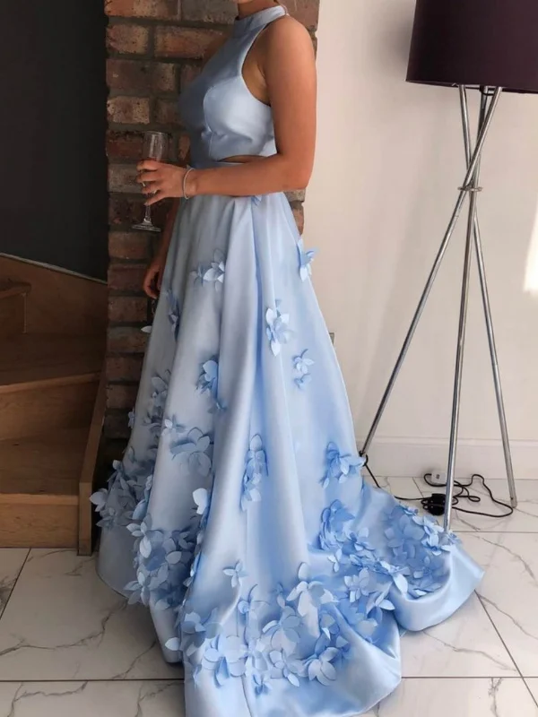 casual party dressesHigh Neck Two Pieces Blue Prom Dresses Long, 2 Pieces Blue Floral Formal Dresses, Blue Evening Dresses SP2673