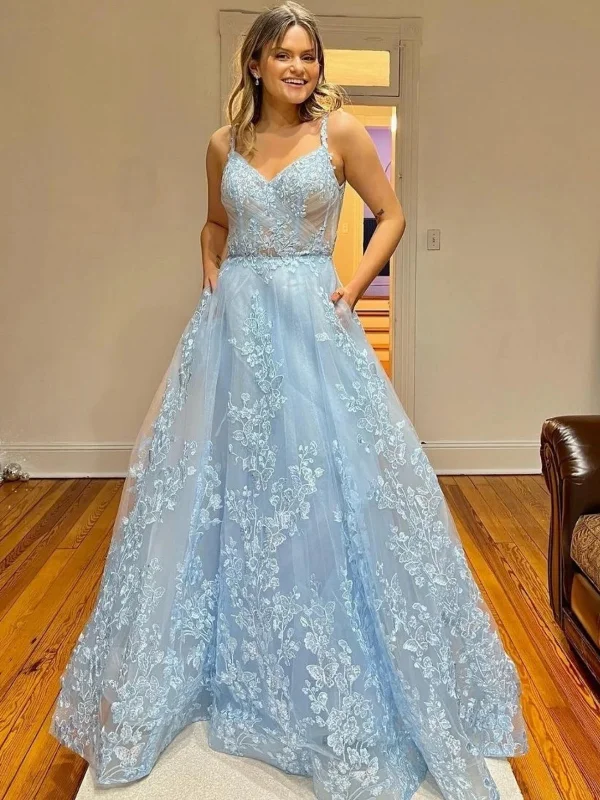 petite party dressesA Line V Neck Light Blue Lace Long Prom Dresses, Light Blue Floral Formal Graduation Evening Dresses SP2633