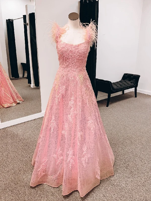 themed party dressesOpen Back Pink Lace Prom Dresses Long, Pink Lace Formal Dresses, Pink Evening Dresses SP2682