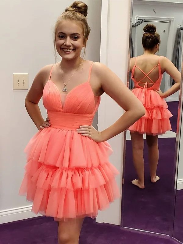 budget-friendly party dressesV Neck Open Back Layered Coral Short Prom Dresses, V Neck Coral Homecoming Dresses, Short Coral Formal Evening Dresses SP2410