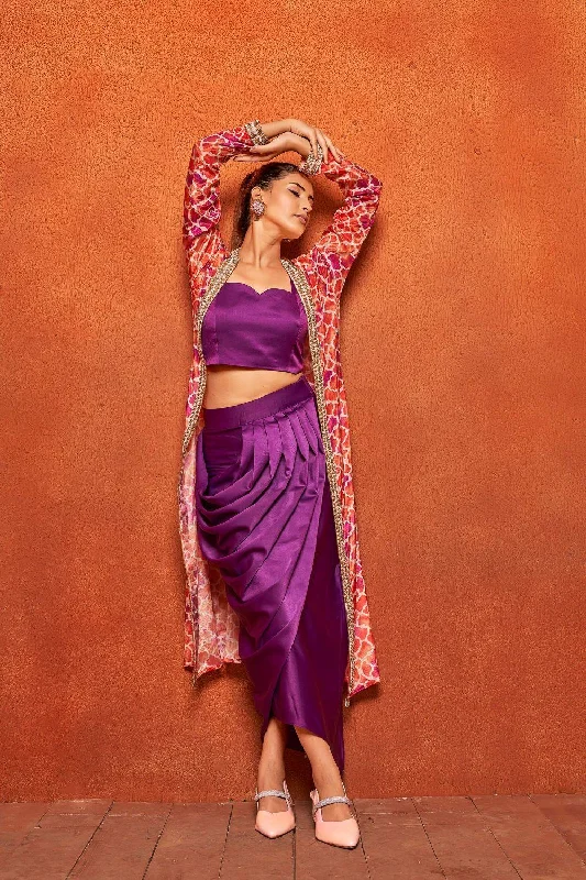 women's elegant skater skirtsViolet Ethnic Print Dhoti Skirt Long Shrug Co-ord Set