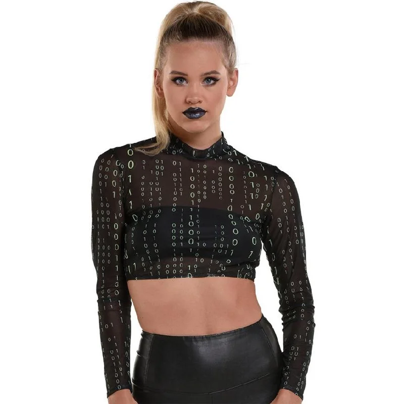 women's long sleeve tops for formal eventsAdult Cyberpunk Sheer Black Binary-Print Mock Neck Cropped Mesh Long Sleeve Top | 1 ct