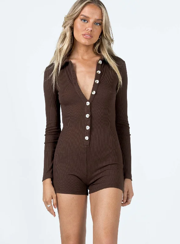 women's long sleeve tops with geometric patternsSusie Long Sleeve Romper Brown