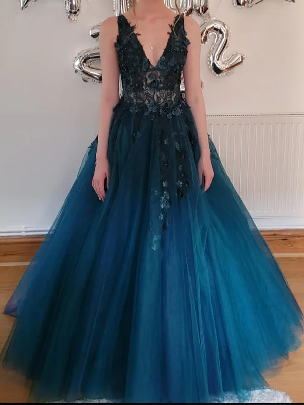 long party dressesV Neck Open Back Beaded Blue Lace Long Prom Dresses, Blue Lace Floral Formal Dresses, Blue Evening Dresses SP2652