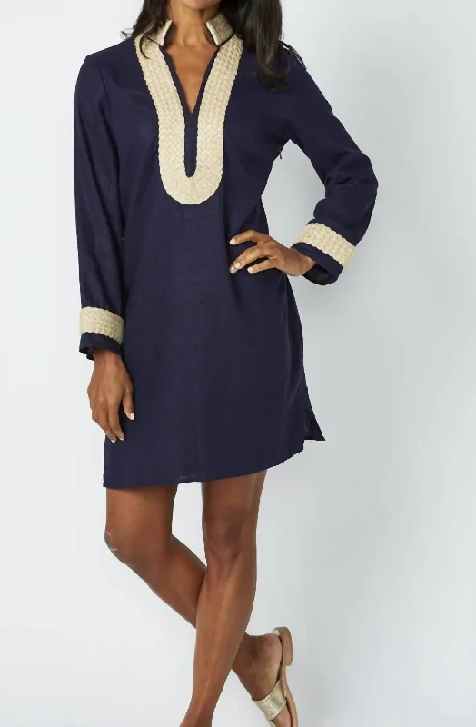 women's long sleeve tops with sheer sleevesNavy Long Sleeve Classic Tunic With Metallic Rope Trim In Navy/gold