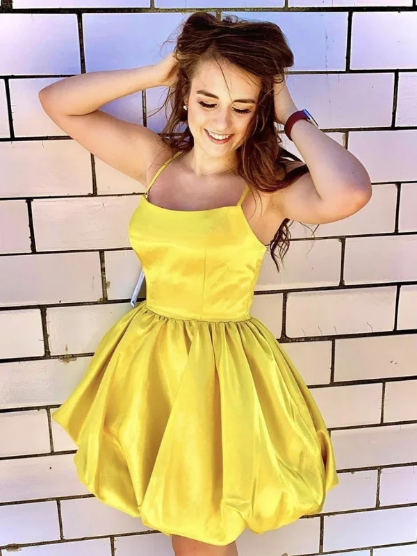 casual party dressesPrincess Yellow Satin Short Prom Dresses, Yellow Homecoming Dresses, Short Formal Graduation Evening Dresses SP2430