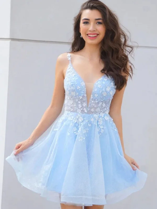 peplum party dressesCute V Neck Light Blue Lace Floral Short Prom Homecoming Dresses, Light Blue Lace Formal Graduation Evening Dresses SP2112