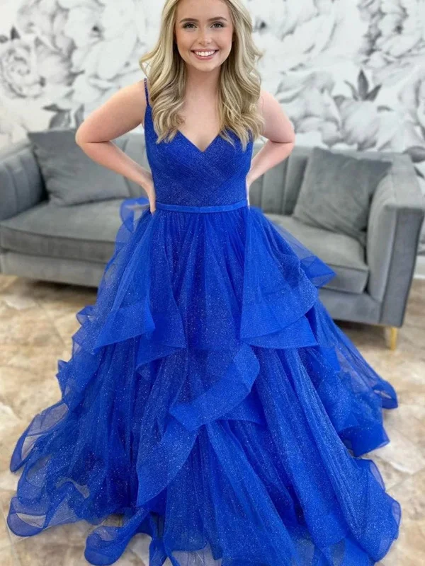 animal print party dressesShiny V Neck Blue Tulle Long Prom Dresses, Fluffy Blue Formal Evening Dresses, Blue Ball Gown SP2830