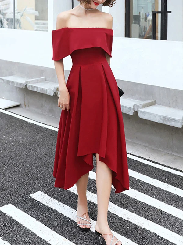 short party dressesOff Shoulder High Low Burgundy Tea Length Prom Dresses, Off Shoulder Burgundy Formal Graduation Evening Dresses, Burgundy Homecoming Dresses SP2395