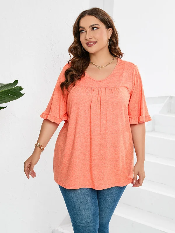 women's T-shirts with short torso lengthsPlus Orange V-Neck Ruffle Sleeve Frill Trim Tee