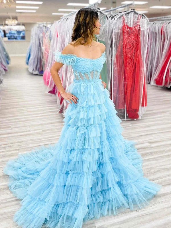 asymmetrical party dressesOff the Shoulder Light Blue Ruffle Tulle Long Prom Dresses, Off Shoulder Light Blue Formal Dresses, Light Blue Evening Dresses SP2851