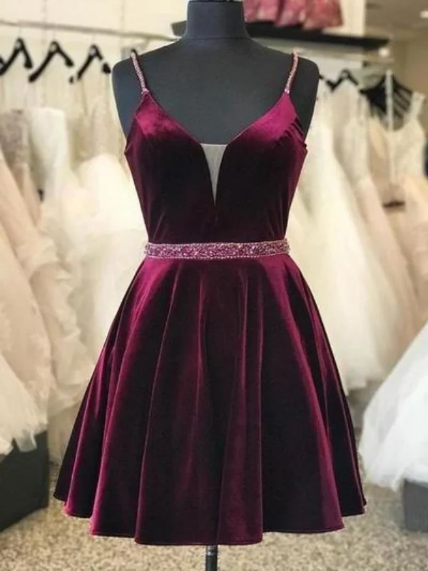 bachelorette party dressesA Line V Neck Beaded Burgundy Velvet Prom Dresses, Burgundy Homecoming Dresses, Short Maroon Formal Evening Dresses with Belt SP2472