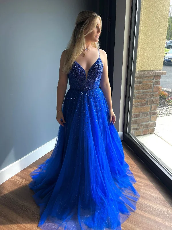 semi-formal party dressesV Neck Open Back Beaded Blue Prom Dresses Long, Blue Formal Graduation Evening Dresses with Beadings SP2675