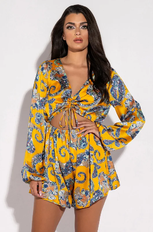 women's long sleeve tops with scoop necksADMIT IT LONG SLEEVE PRINTED ROMPER WITH CUT OUT