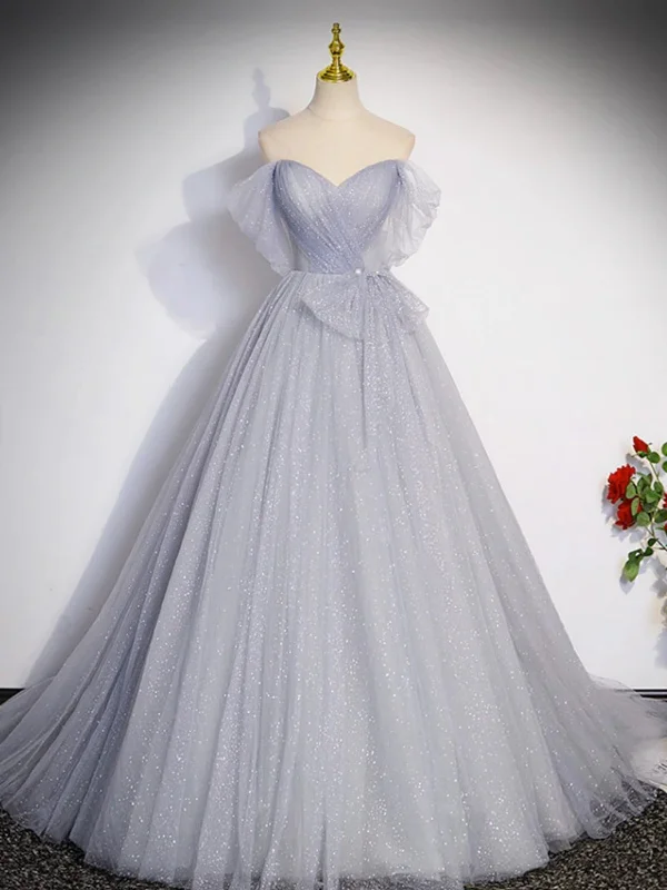 ruffle party dressesOff Shoulder Gray Tulle Long Prom Dresses, Off the Shoulder Formal Dresses, Long Gray Evening Dresses SP2796