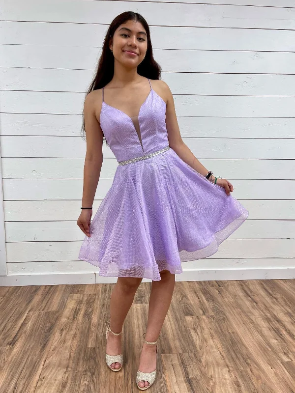 short party dressesV Neck Backless Purple Tulle Prom Dresses with Belt, Backless Purple Homecoming Dresses, Short Lilac Formal Evening Dresses SP2452