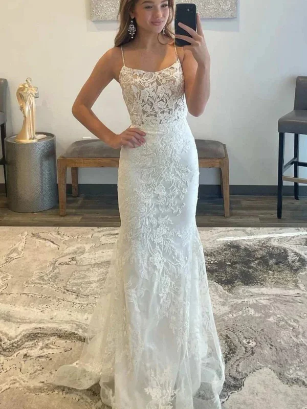 comfortable party dressesMermaid Backless White Lace Long Prom Dresses, Mermaid White Formal Dresses, White Lace Evening Dresses SP2655