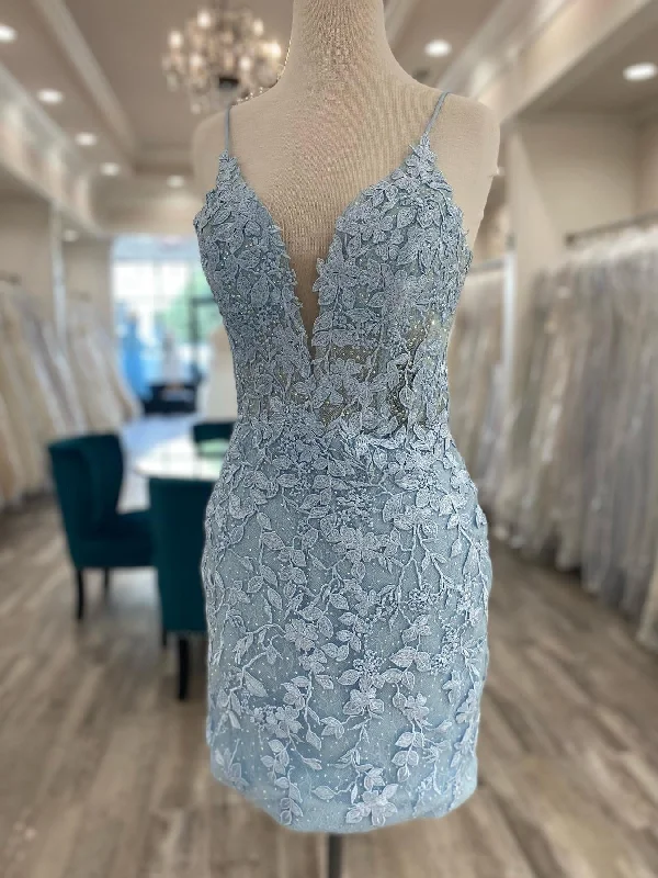 curve-hugging party dressesV Neck Mermaid Light Blue Lace Short Prom Dresses, Mermaid Light Blue Homecoming Dresses, Light Blue Lace Formal Evening Dress SP2485