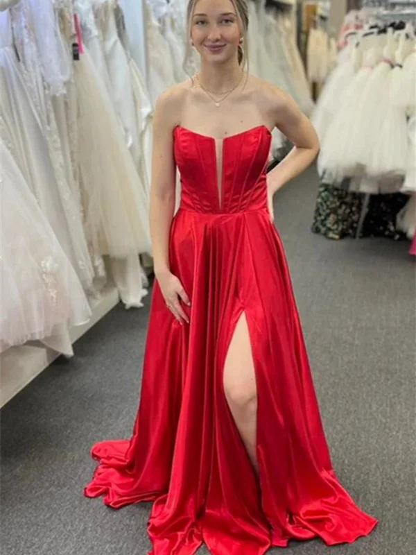 lace party dressesStrapless V Neck Red Long Prom Dresses with High Slit, Open Back Red Formal Dresses, Long Red Evening Dresses SP2802