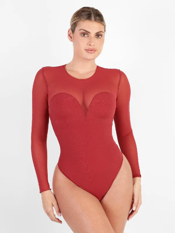 women's long sleeve tops with athletic fitsShapewear Illusion Mesh Long Sleeve Tummy Control Bodysuit