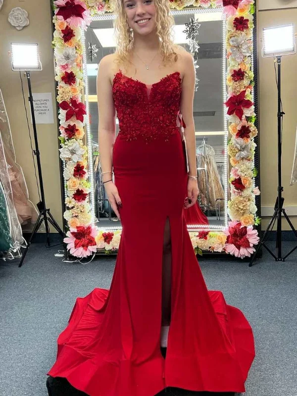 glam party dressesStrapless Mermaid Red Lace Long Prom Dresses with High Slit, Mermaid Red Formal Dresses, Red Lace Evening Dresses SP2817