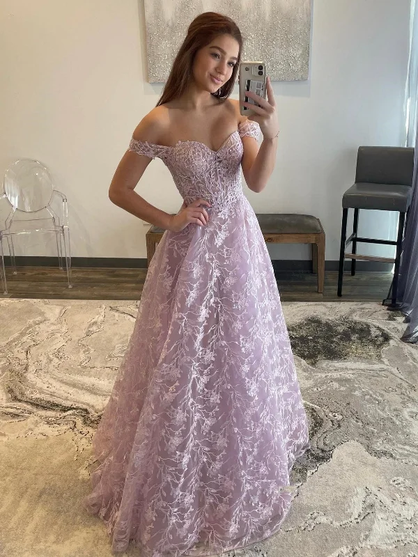 ruffle party dressesOff Shoulder Lilac Lace Long Prom Dresses, Off the Shoulder Formal Dresses, Lilac Evening Dresses SP2638