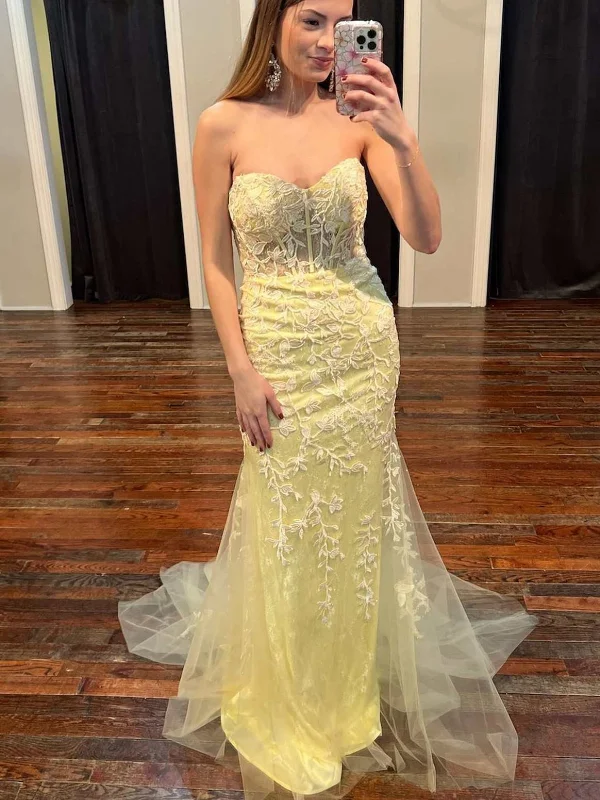 pastel party dressesStrapless Mermaid Yellow Lace Prom Dresses Long, Mermaid Yellow Formal Dresses, Yellow Lace Evening Dresses SP2672