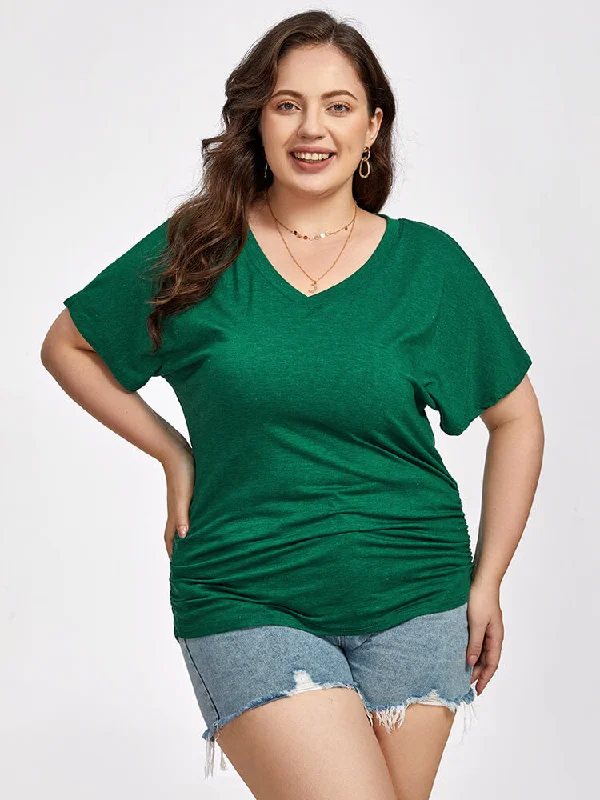 women's T-shirts with button-down frontsPlus Green Ruched V-Neck Batwing Sleeve Tee