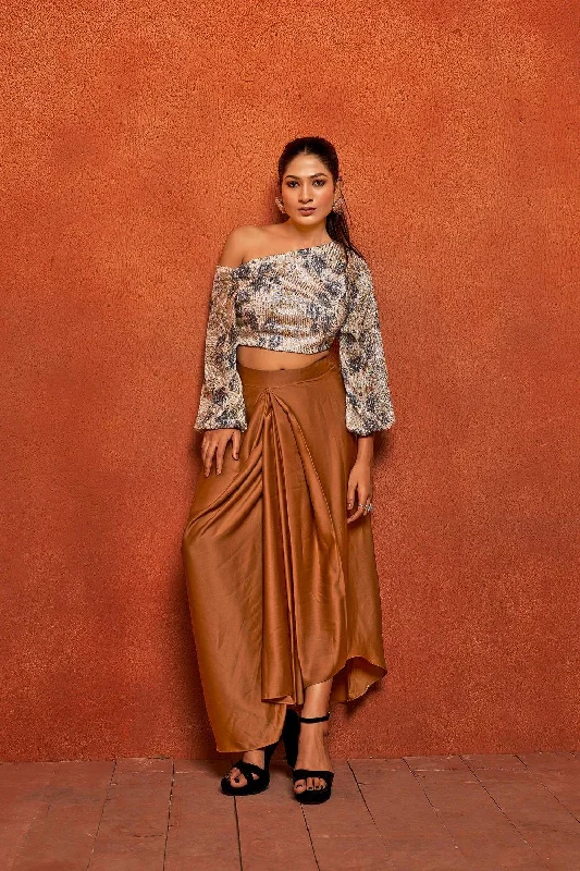 women's timeless satin skirtsCamel Brown Floral Print Dhoti Skirt Loose Fit Top Co-ord Set