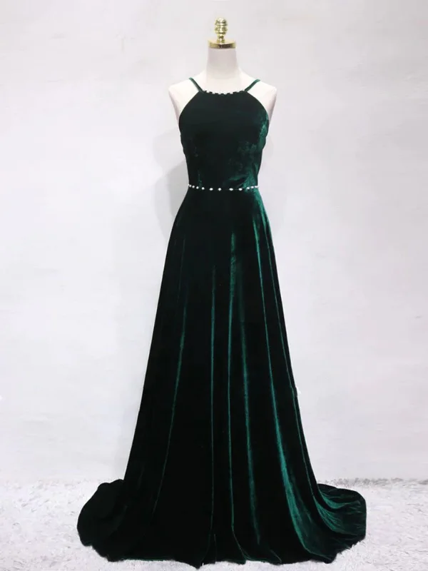 birthday party dressesA Line Backless Dark Green Velvet Long Prom Dresses, Backless Dark Green Formal Graduation Evening Dresses SP2777