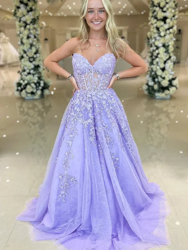 leather party dressesStrapless Purple Lace Long Prom Dresses, Purple Lace Formal Dresses, Long Purple Evening Dresses SP2779