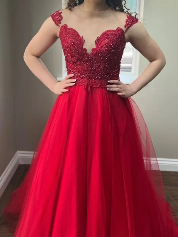 minimalist party dressesRound Neck Beaded Red Lace Long Prom Dresses, Red Tulle Formal Dresses, Beaded Red Evening Dresses SP2680