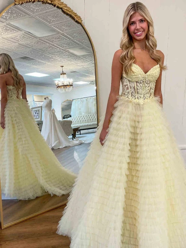 ruffle party dressesStrapless Open Back Yellow Lace Long Prom Dresses, Yellow Lace Formal Evening Dresses, Yellow Ball Gown SP2843