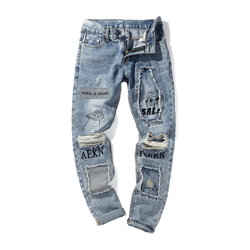 women's black denim jeansStreet Hip Hop Ripped Stacked Jeans