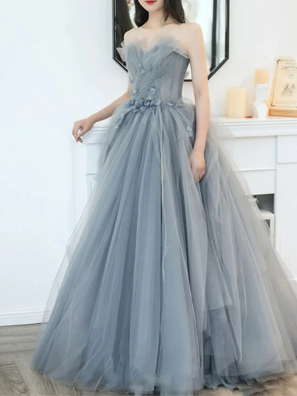 clubwear party dressesStrapless Gray Tulle Floral Long Prom Dresses, Strapless Gray Formal Evening Dresses, Grey Ball Gown SP2677