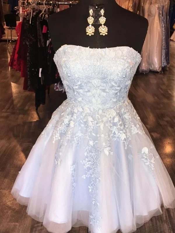 neon party dressesStrapless Light Blue Lace Tulle Short Prom Homecoming Dresses, Light Blue Lace Formal Graduation Evening Dresses SP2413