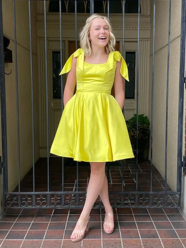 Halloween party dressesYellow Satin Short Prom Dresses with Pocket, Short Yellow Homecoming Dresses, Yellow Formal Evening Dresses SP2470