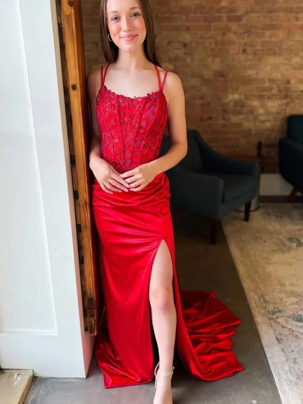 neon party dressesOpen Back Mermaid Red Lace Long Prom Dresses with High Slit, Red Lace Formal Dresses, Red Evening Dresses with Train SP2812