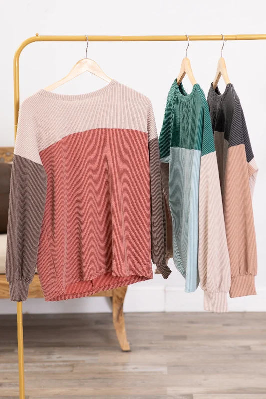 women's long sleeve tops with peplum hemsRibbed Colorblock Long Sleeve Knit Top