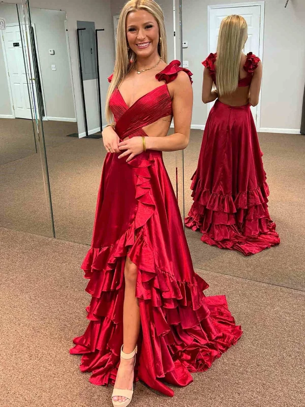 spring party dressesUnique V Neck Open Back Red Long Prom Dresses with High Slit, Long Red Formal Graduation Evening Dresses SP2838