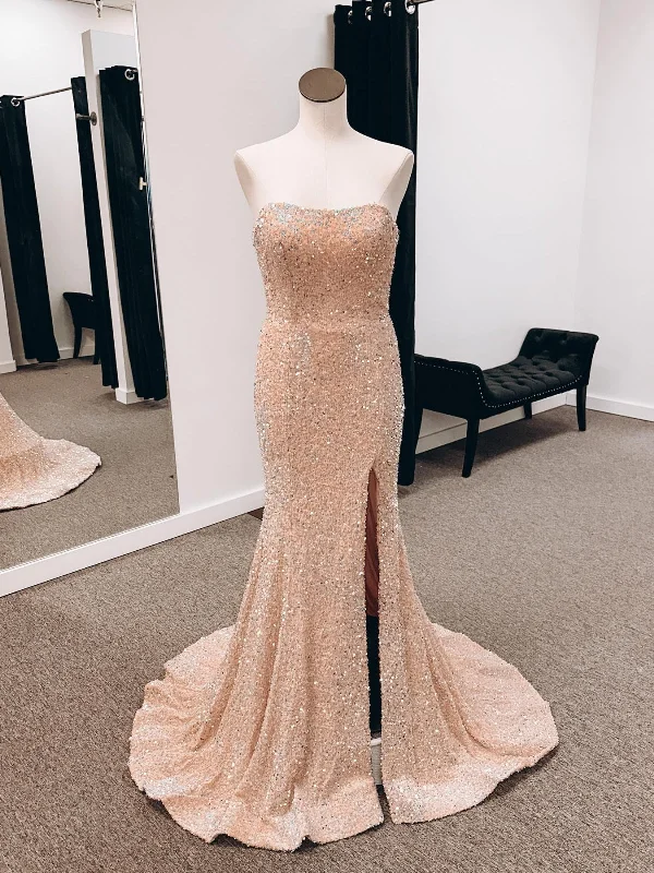 ball gown party dressesStrapless Mermaid Light Champagne Long Prom Dresses with High Slit, Mermaid Champagne Formal Dresses, Champagne Evening Dresses SP2695