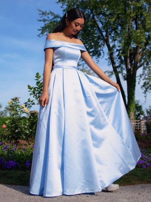 long party dressesSimple Off Shoulder Light Blue Satin Long Prom Dresses, Off the Shoulder Formal Dresses, Light Blue Evening Dresses SP2871