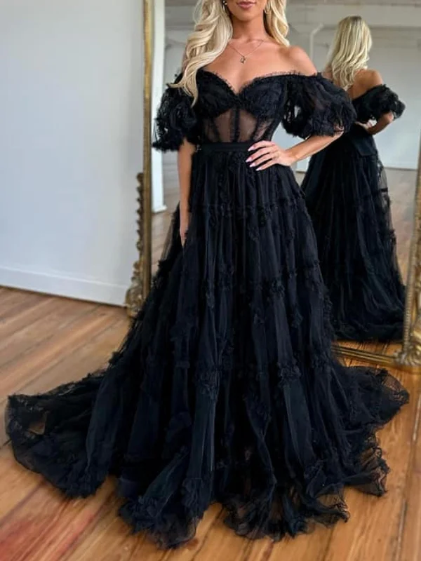 figure-flattering party dressesOff Shoulder Black Lace Long Prom Dresses, Black Lace Formal Dresses, Black Evening Dresses SP2629