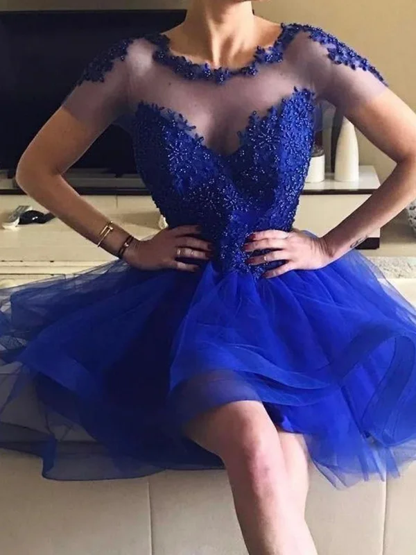 eco-friendly party dressesCap Sleeves Round Neck Blue Beaded Prom Homecoming Dresses, Short Blue Formal Graduation Evening Dresses with Beadings SP2458