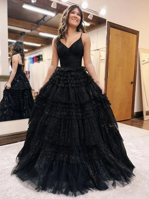 handmade party dressesShiny V Neck Open Back Black Tulle Long Prom Dresses, V Neck Black Formal Evening Dresses SP2757